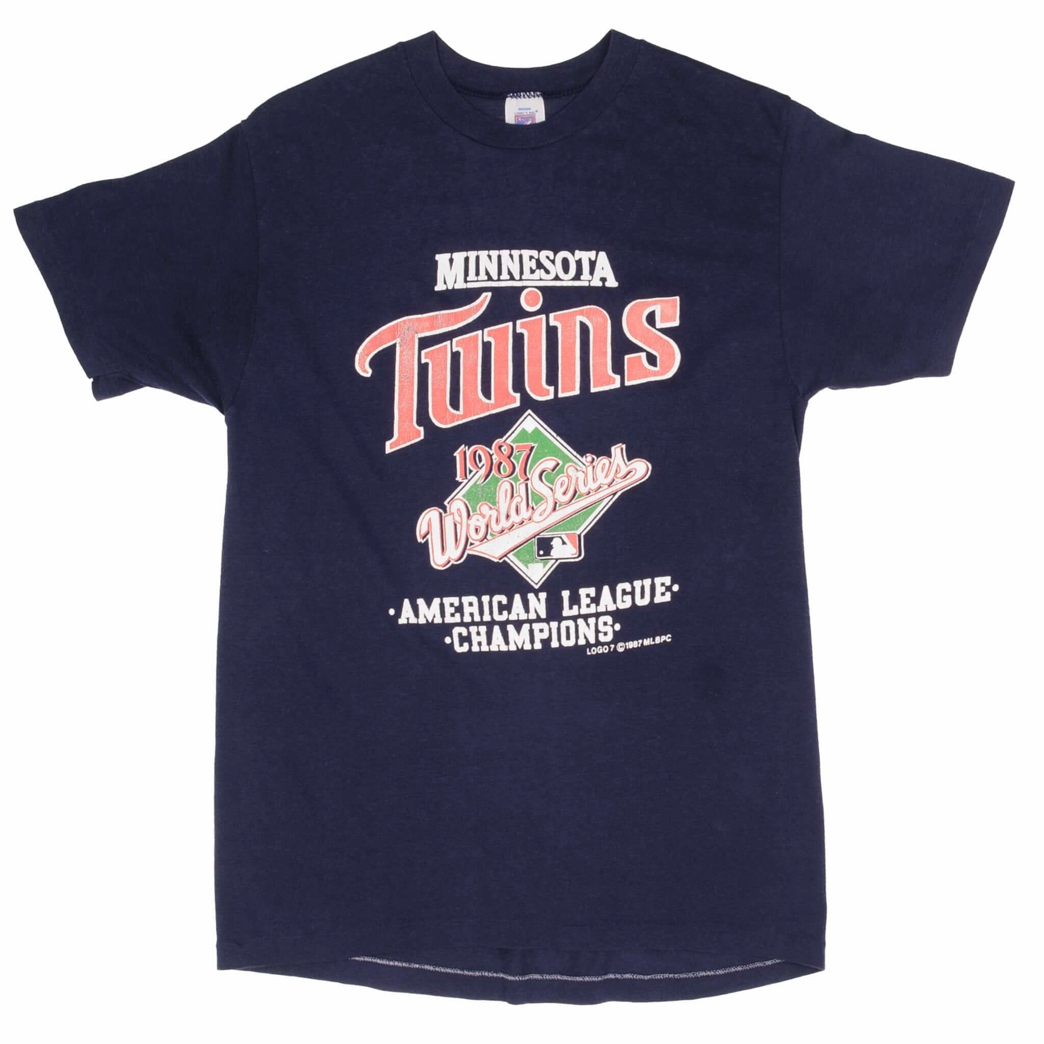 VINTAGE MLB MINNESOTA TWINS WORLD CHAMPIONS 1987 TEE SHIRT SZE SMALL MADE IN USA