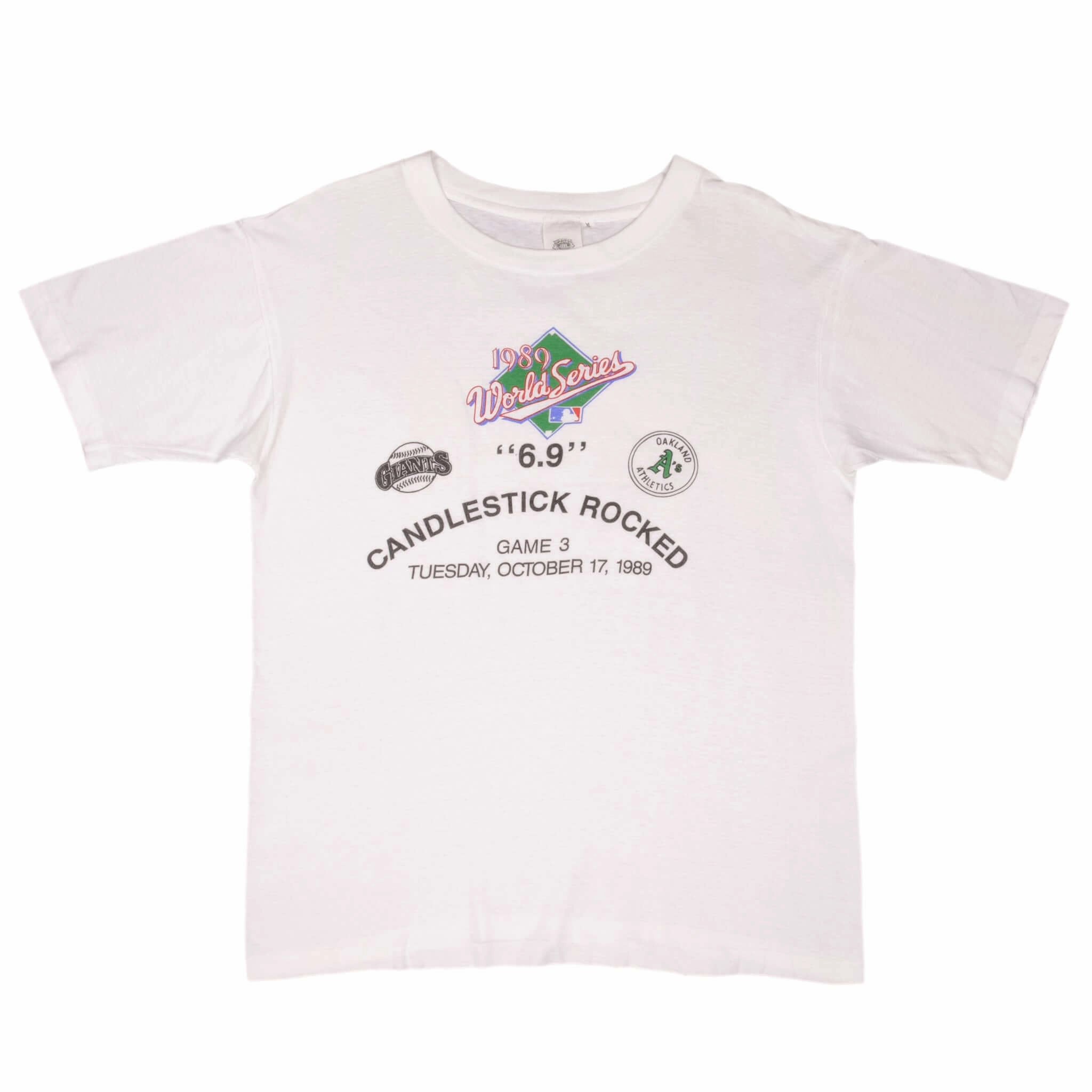 VINTAGE MLB OAKLAND ATHLETICS VS SF GIANTS WORLD SERIES 1989 TEE SHIRT SZE LARGE
