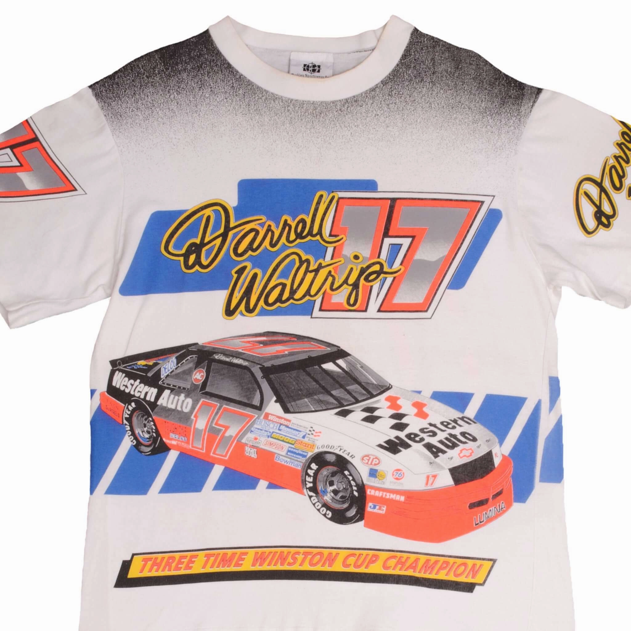 VINTAGE NASCAR ALL OVER PRINT DARRELL WALTRIP 1992 TEE SHIRT LARGE MADE USA