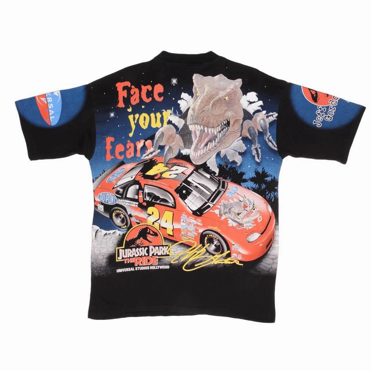 VINTAGE NASCAR ALL OVER PRINT GORDON JURASSIC PARK 1997 TEE SHIRT LARGE MADE USA
