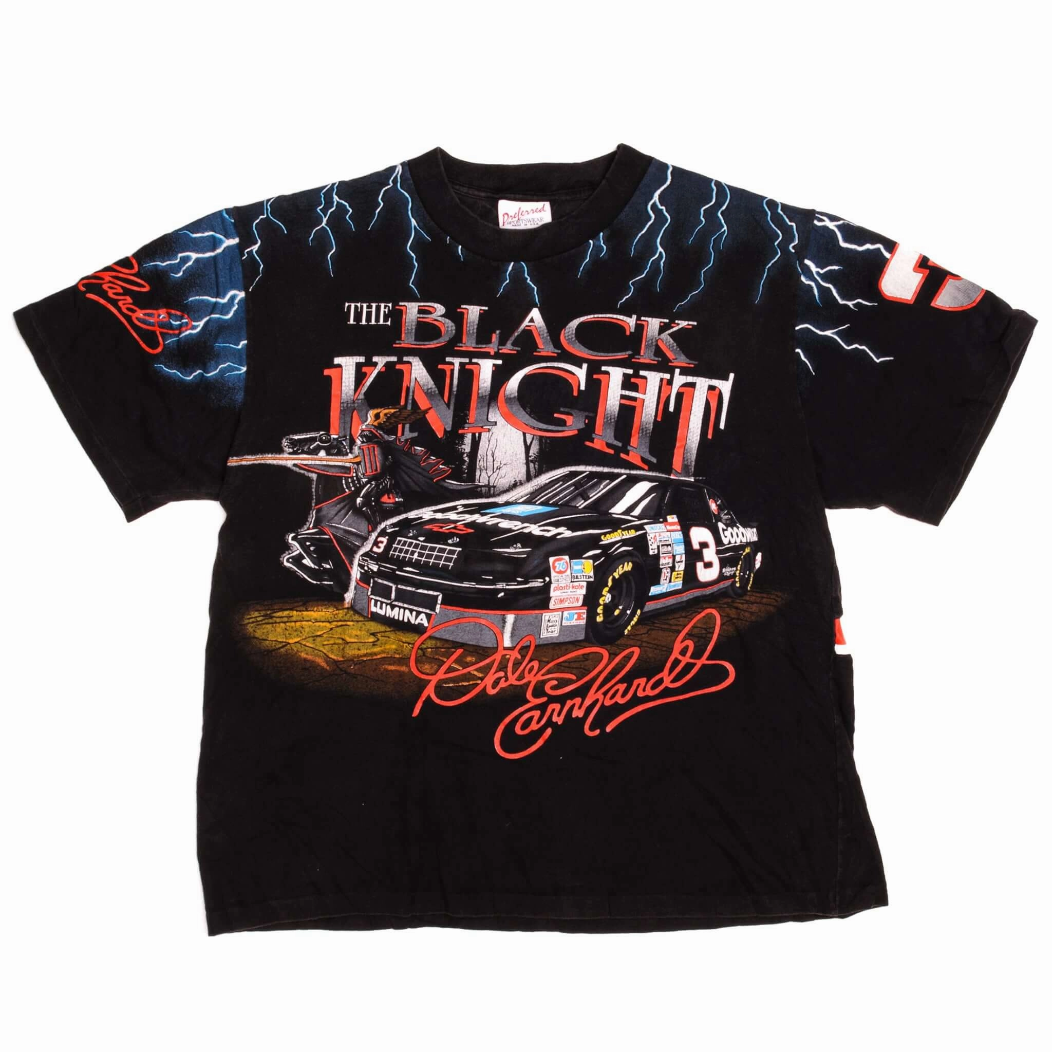 VINTAGE NASCAR DALE EARNHARDT THE BLACK KNIGHT 1990s TEE SHIRT SIZE XL ALL OVER PRINT MADE IN USA