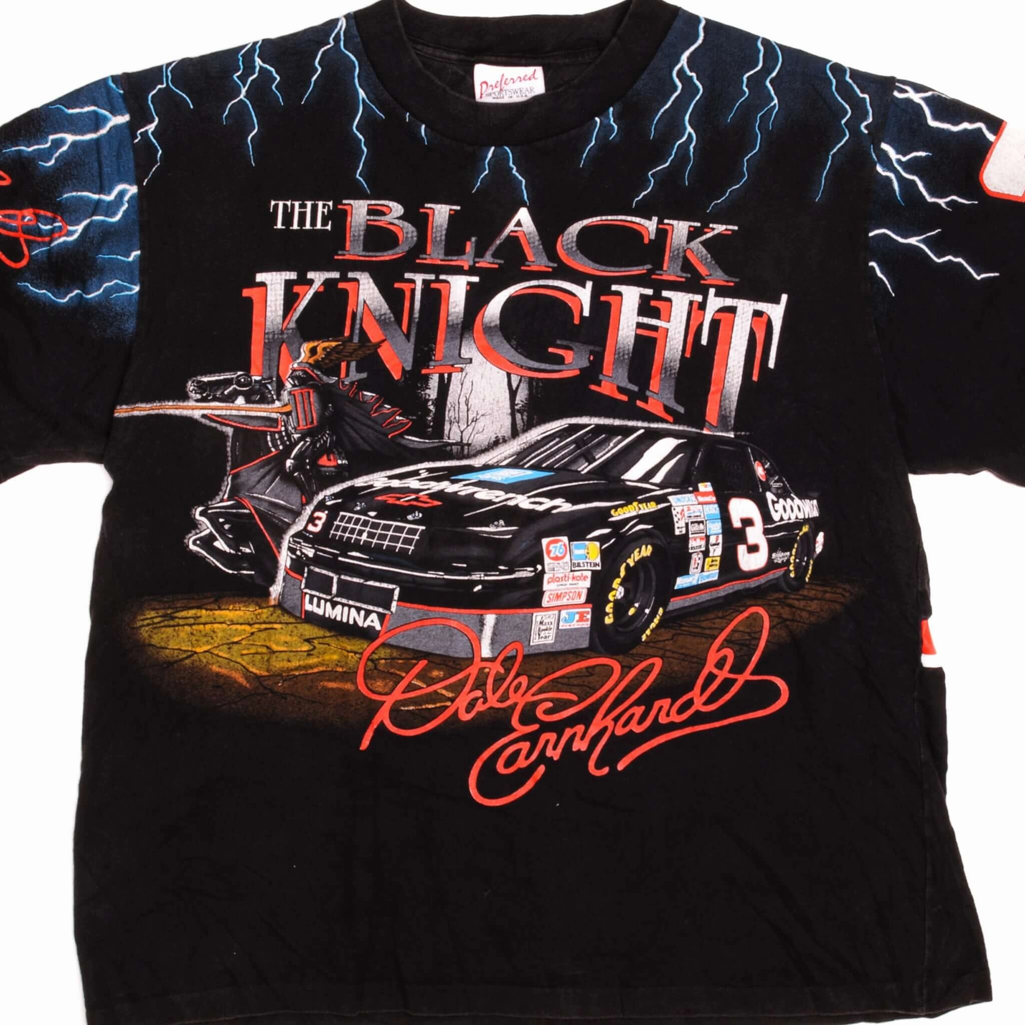 VINTAGE NASCAR DALE EARNHARDT THE BLACK KNIGHT 1990s TEE SHIRT SIZE XL ALL OVER PRINT MADE IN USA