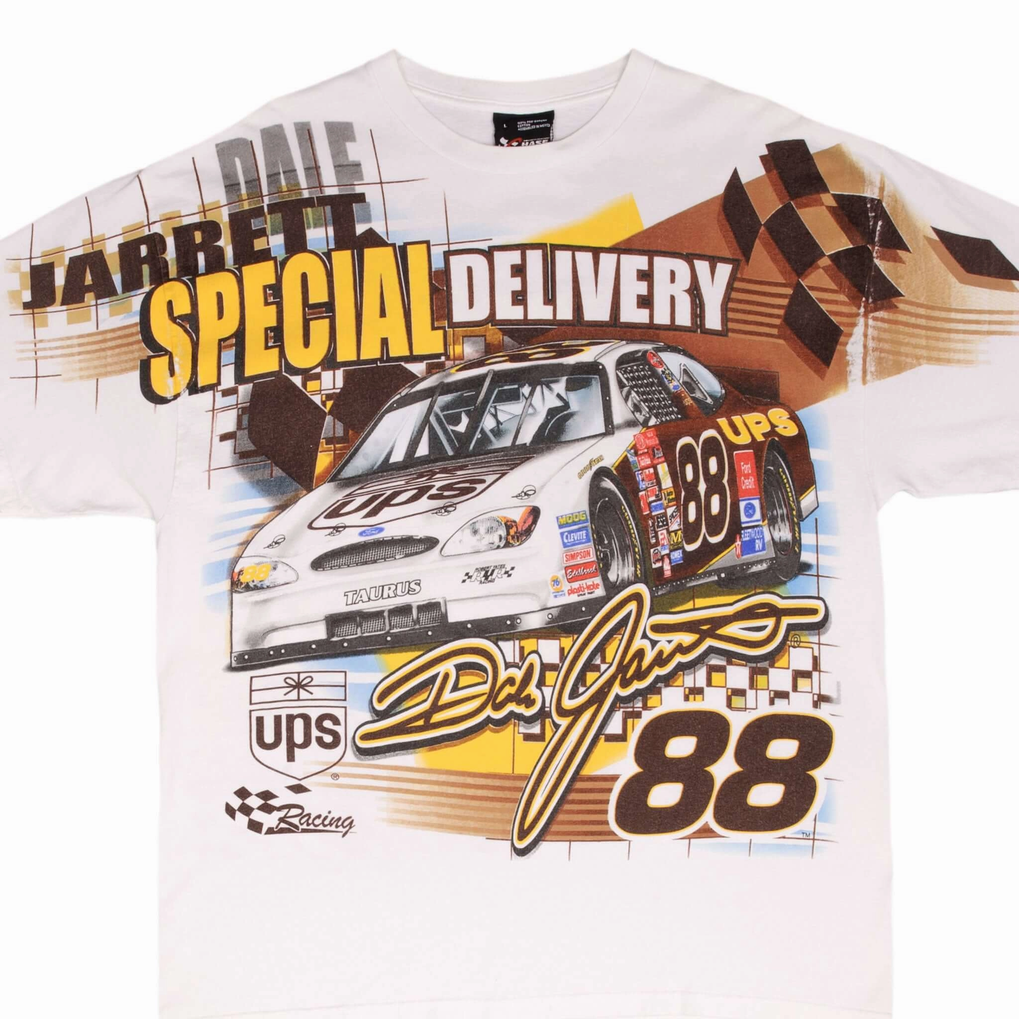 VINTAGE NASCAR DALE JARRET UPS ALL OVER PRINT EARLY 2000S TEE SHIRT SIZE LARGE