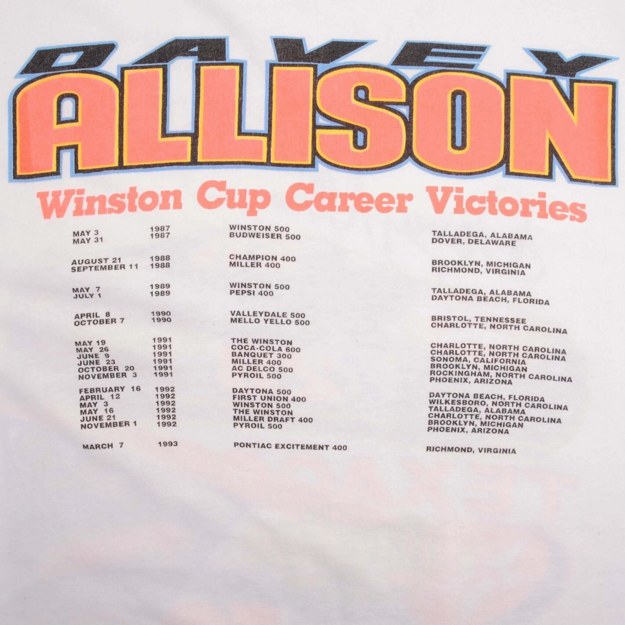 VINTAGE NASCAR DAVEY ALLISON 1993 MEMORIAL TEE SHIRT LARGE MADE IN USA