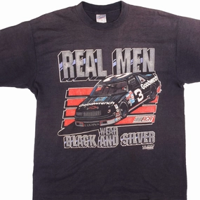 VINTAGE NASCAR REAL MEN WEAR BLACK AND SILVER 1990 TEE SHIRT LARGE MADE IN USA