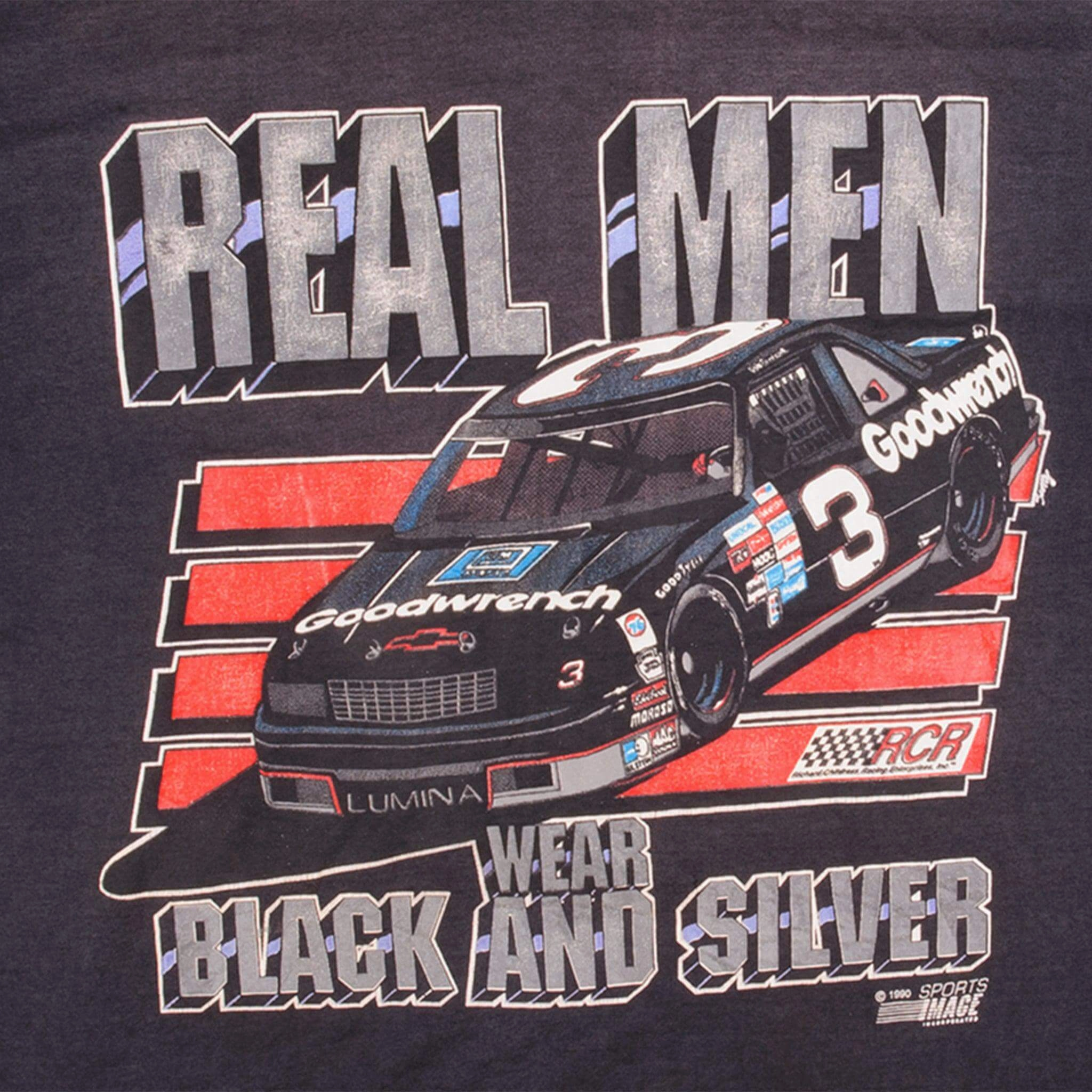VINTAGE NASCAR REAL MEN WEAR BLACK AND SILVER 1990 TEE SHIRT LARGE MADE IN USA