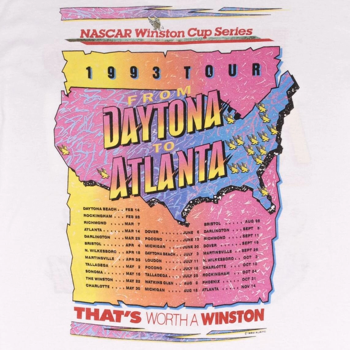 VINTAGE NASCAR WINSTON CUP 1993 DAYTONA TO ATLANTA TEE SHIRT XL MADE IN USA