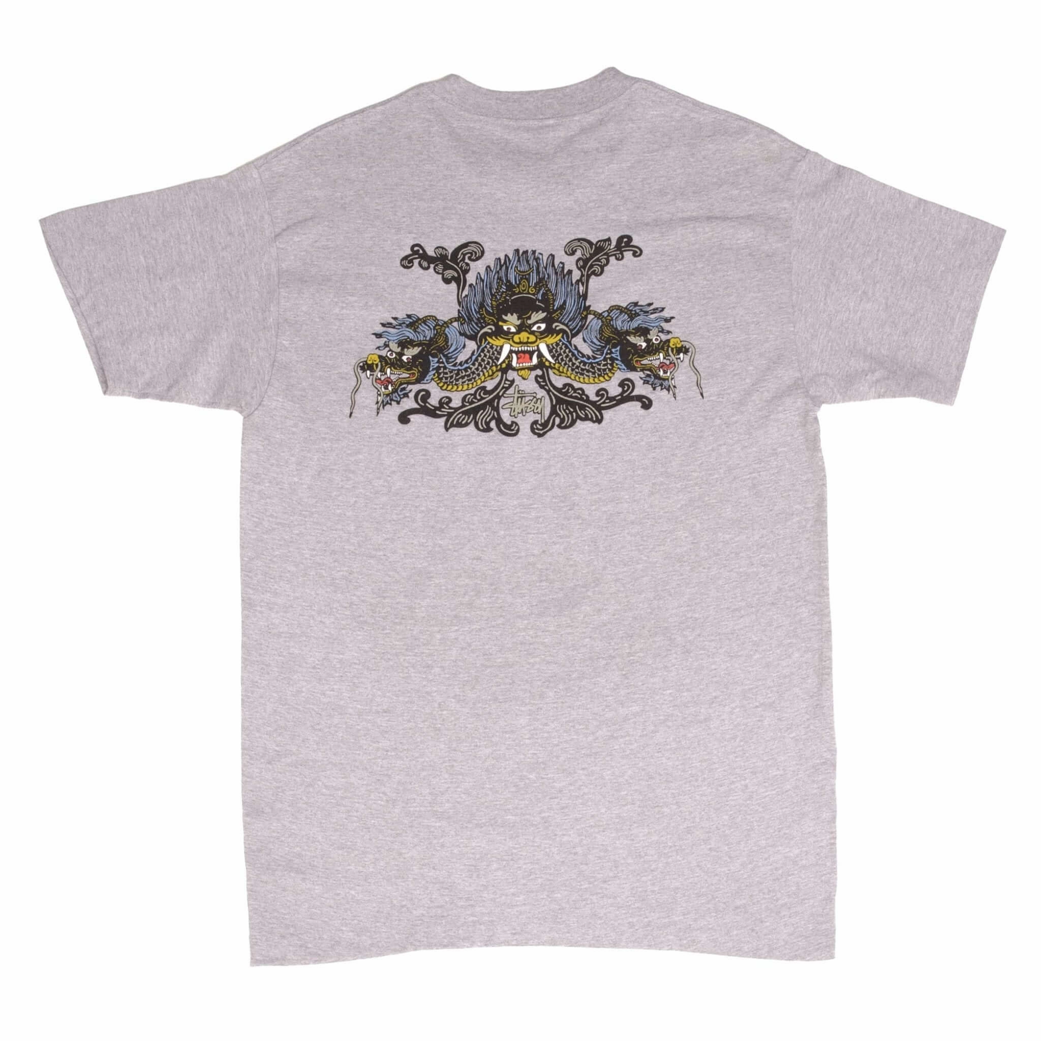 VINTAGE STUSSY DRAGON GREY TEE SHIRT 1990S SIZE LARGE MADE IN USA