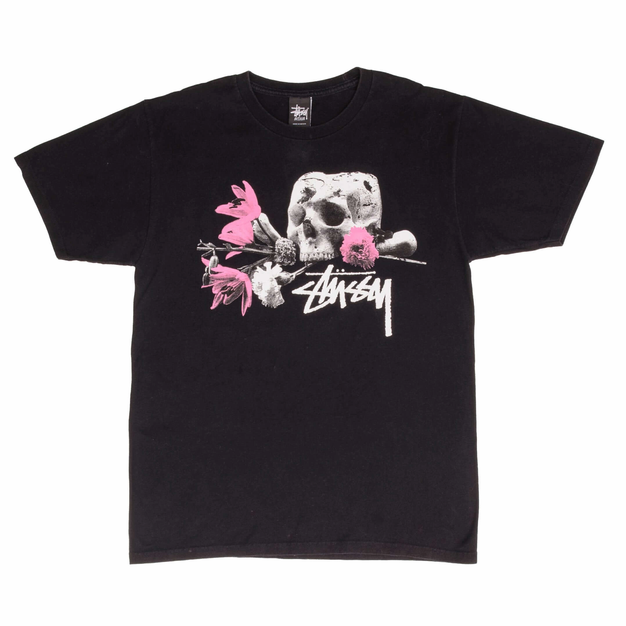 VINTAGE STUSSY SKULL AND FLOWERS TEE SHIRT SIZE MEDIUM 2000S