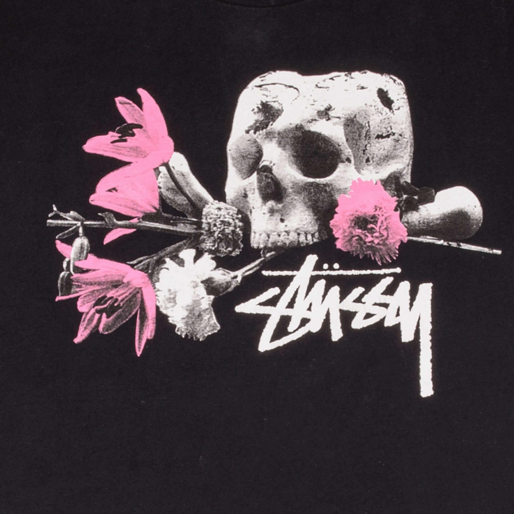 VINTAGE STUSSY SKULL AND FLOWERS TEE SHIRT SIZE MEDIUM 2000S