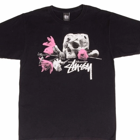 VINTAGE STUSSY SKULL AND FLOWERS TEE SHIRT SIZE MEDIUM 2000S