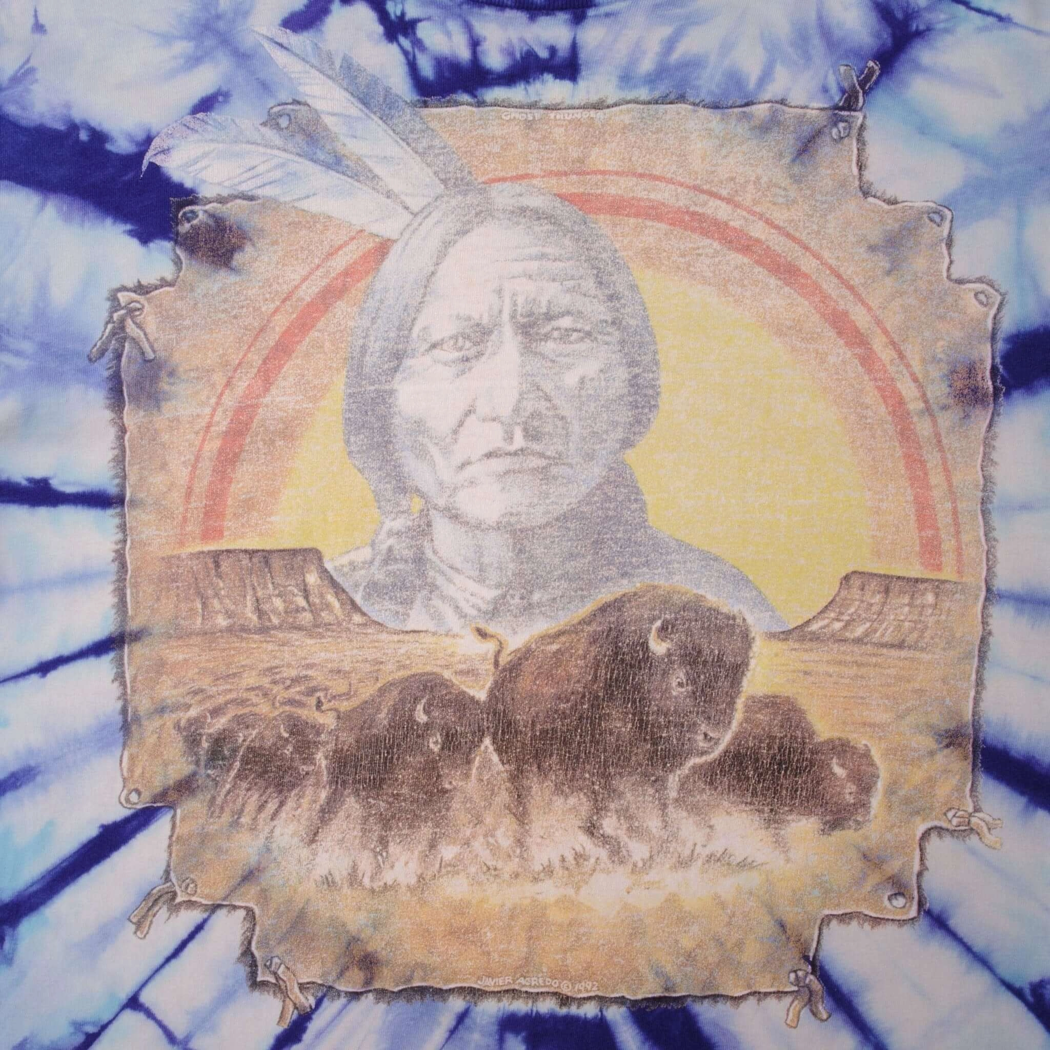 VINTAGE TIE DYE AMERICAN INDIAN JAVIER AGREDO TEE SHIRT 1992 XL MADE USA