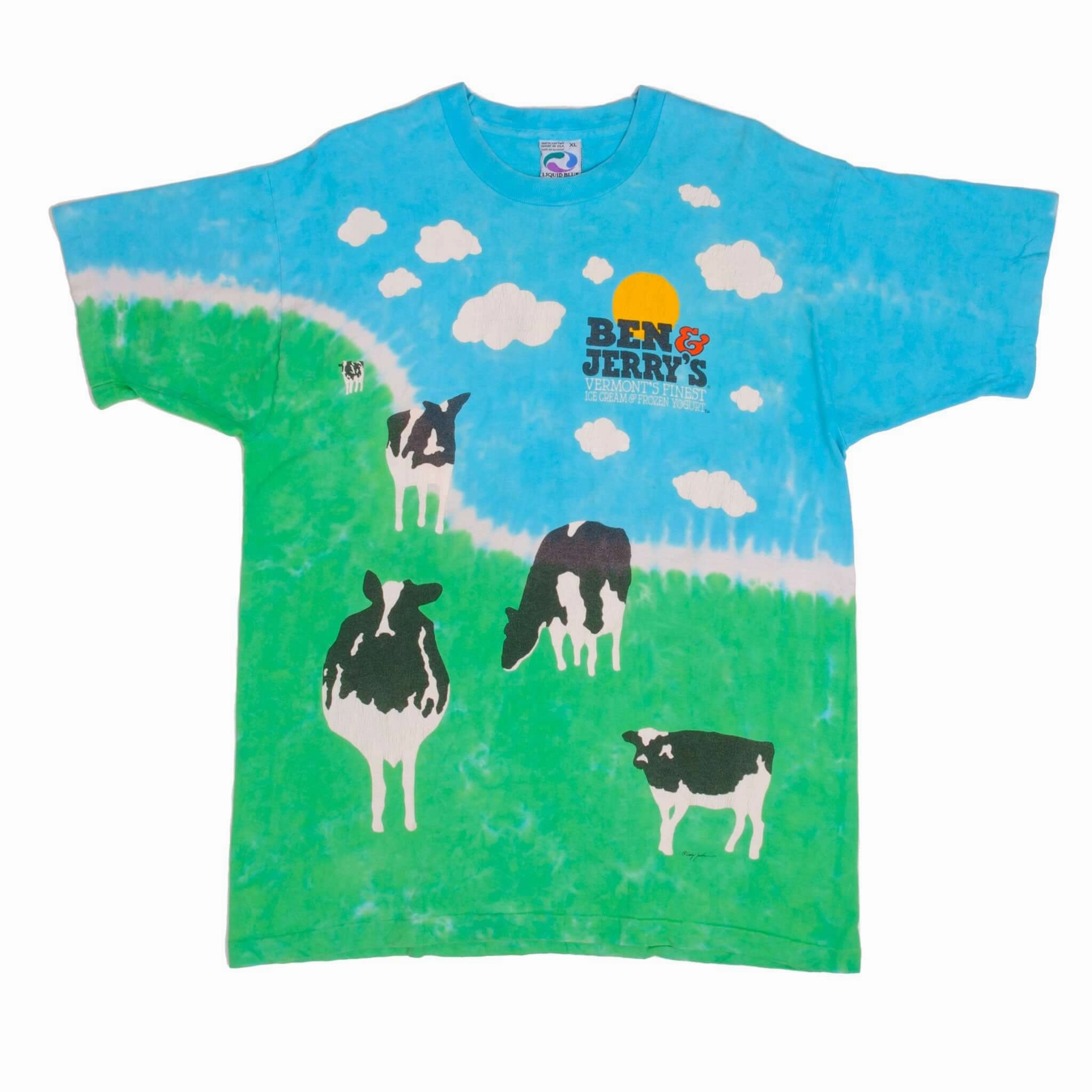 VINTAGE TIE DYE BEN & JERRY'S 1990S LIQUID BLUE TEE SHIRT SIZE XL MADE IN USA